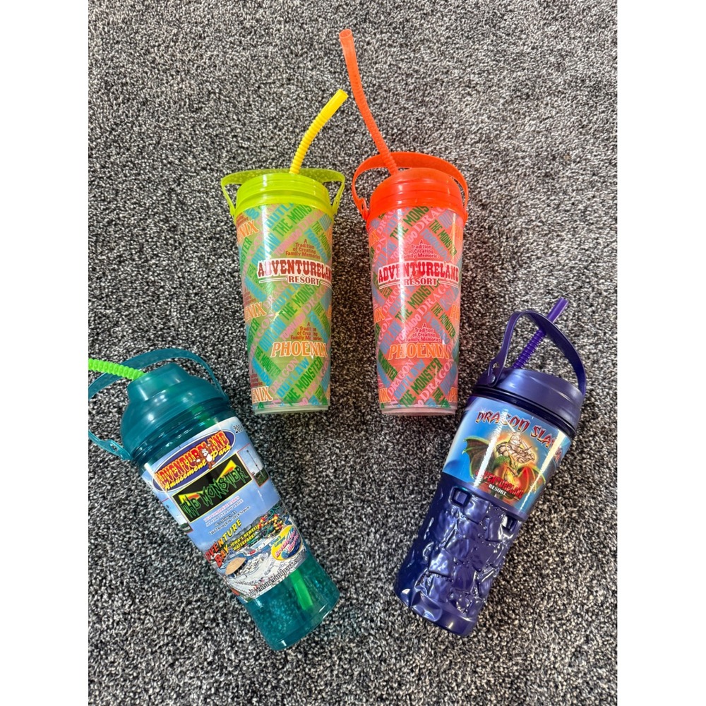 Adventureland Resort Souvenir Cups Lot of 4 Dragon Slayer The Monster Iowa